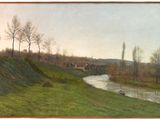 tableau représentant un tableau d'une rivière dans un champ bordé d'arbres