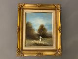 an oil painting of a woman in a white dress standing in a field