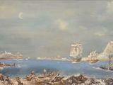 a painting of a boat in the water near a rocky shore