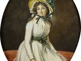 tableau représentant une femme vêtue d'une robe blanche et coiffée d'un chapeau jaune