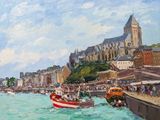 a painting of a boat in the water near a city