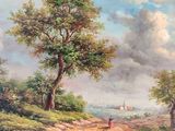 an oil painting of a person walking down a dirt road near a tree