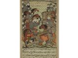 un tableau représentant un groupe d'hommes à cheval dans un champ