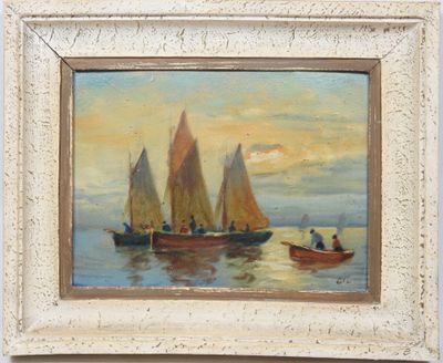 peinture représentant des voiliers sur l'eau, avec le ciel en arrière-plan