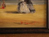 a painting of a woman on the beach with a dog