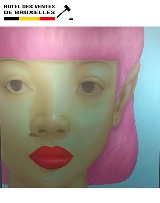 a painting of a woman with pink hair and red lipstick