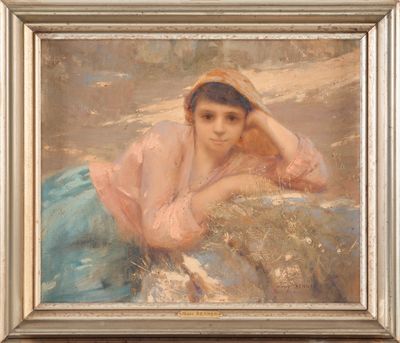 an image of a painting of a woman laying on a rock