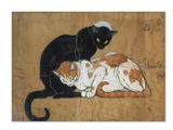 painting of two cats laying on top of each other on a brown background