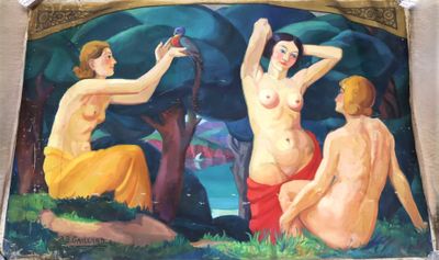 tableau représentant trois nus dans une forêt, tenant un oiseau dans la main