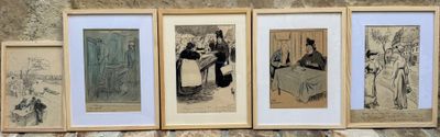 trois photos encadrées représentant des personnes assises à une table devant un mur de pierre