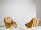 paire de fauteuils de salon du milieu du siècle, avec revêtement rayé, revêtement rayé, revêtement rayé, revêtement rayé, revêtement rayé, revêtement rayé, revêtement rayé, revêtement