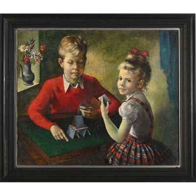 tableau représentant un garçon et une fille jouant aux cartes à une table