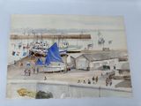 a picture of a painting of a harbor with boats and people