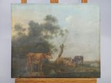 peinture sur chevalet représentant des vaches dans un paysage
