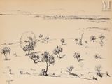 dessin représentant un paysage avec des arbres au premier plan et des collines au loin