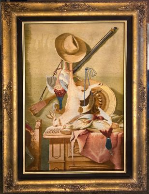 painting of a dog with a hat and a gun on a table