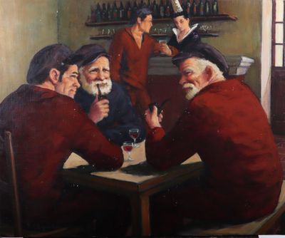 painting of a group of men sitting around a table drinking wine
