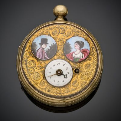 Montre de poche en métal argenté, le fond du cadran en acier doré, gra - Photo 1