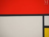 a painting of a red, yellow, black and white wall with squares