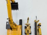 a yellow toy excavator and two other toy vehicles