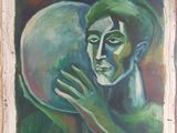 an oil painting of a woman holding a ball in her hands
