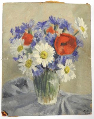 a painting of flowers in a vase on a table