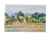 a watercolor painting of a field with trees in the background