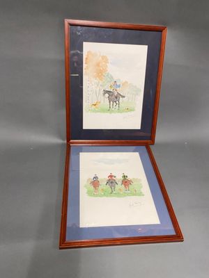 two framed pictures of horses and jockeys in a wood frame