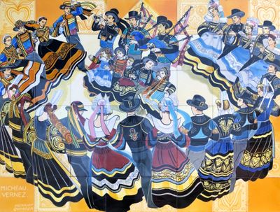 painting of a group of people dressed in traditional clothing on a yellow background
