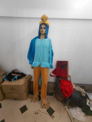 un mannequin vêtu d'une tenue bleue et jaune dans une pièce