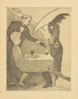 un vieux dessin en noir et blanc représentant un homme en train de servir à manger à un groupe de personnes