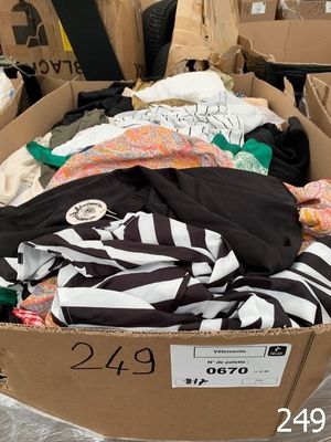 a cardboard box filled with clothes and other items
