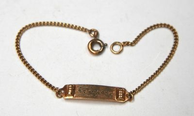 gold plated bracelet with an engraved bar on a ball chain