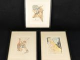 three framed prints of a man and a woman on a horse