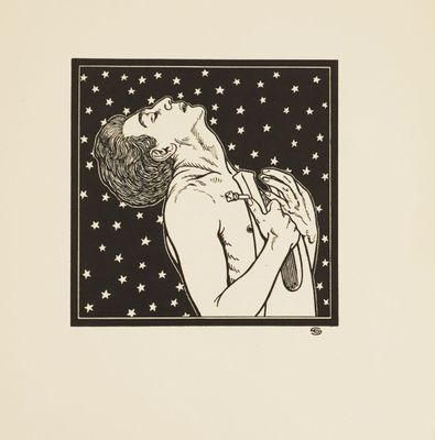 an image of a black and white drawing of a woman with stars in the background