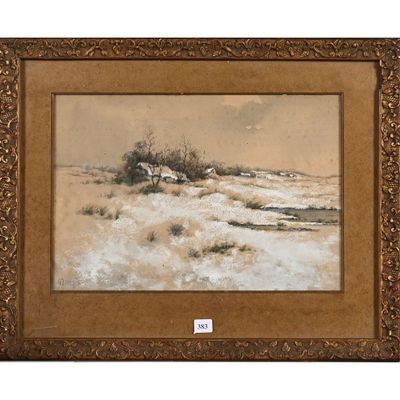 une peinture à l'huile représentant un paysage enneigé avec un arbre au premier plan