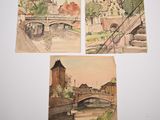 three watercolor paintings of a bridge over a river with buildings in the background