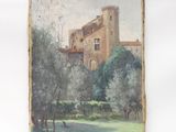 tableau représentant un château dans un champ, avec des arbres au premier plan