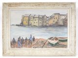 un tableau représentant un groupe de personnes sur la plage, au bord de l'eau
