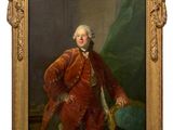an old painting of a man in a red coat with a cane