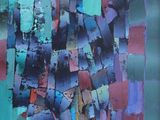 abstract painting of blue, purple, and red squares on a green background