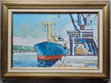 a painting of a ship in the water by a dock