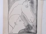 pencil drawing of a man and a horse in a picture frame
