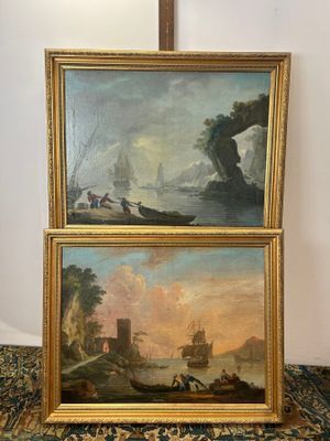 two paintings of boats on a river with a castle in the background