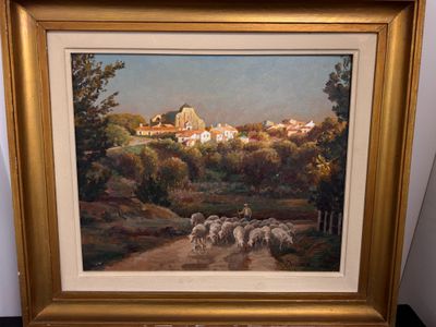 un tableau représentant un troupeau de moutons sur un chemin de terre
