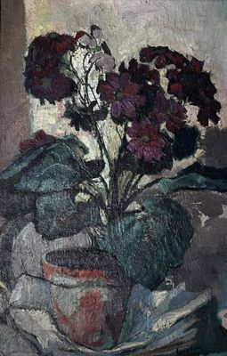 un tableau représentant une plante en pot posée sur une table
