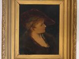 a painting of a woman wearing a red hat and a fur coat