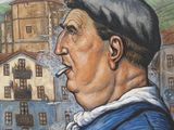 painting of a man smoking a cigarette in front of a town