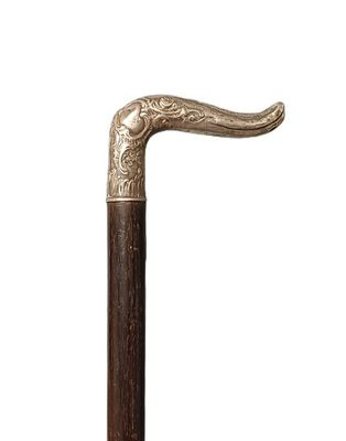 a close up of a walking stick with a handle on a white background