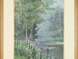 painting of a river with trees and flowers in the foreground